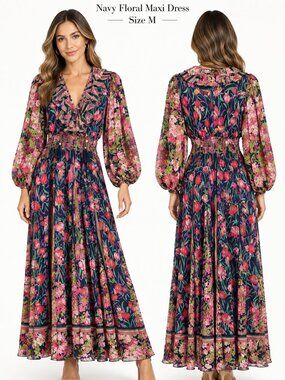 DIANE FREIS NAVY MULTICOLOR FLORAL MAXI DRESS SIZE M